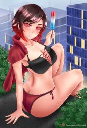 ass blush breasts cape cleavage female_only femsub fuzzlogik happy_trance icontrol_(manipper) large_breasts lingerie looking_at_viewer looking_back manip popsicle red_hair ruby_rose rwby short_hair smile solo spiral_eyes symbol_in_eyes underwear