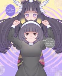 arms_above_head brown_eyes clothed crown elf_ears english_text female_only femdom femsub hololive hololive_english long_hair missmilkou multicolored_eyes ninomae_ina'nis nun open_mouth purple_hair sequence short_hair smile spiral_background text wings