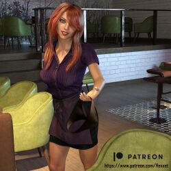 3d absurdres altered_perception collarbone comic dialogue female_only femsub happy_trance hexxet nicole_bolagona office_party orange_hair panties pov pov_dom red_hair red_lipstick skirt smile solo text underwear waitress