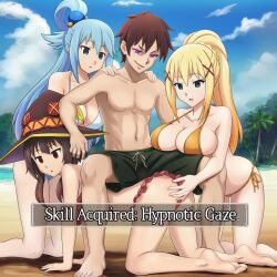 ai_art all_fours aqua_(konosuba) beach bikini blonde_hair blue_eyes blue_hair breast_press brown_eyes brown_hair darkness_(konosuba) empty_eyes english_text expressionless femsub glowing_eyes hair_ornament hellsing002_(generator) human_furniture hypnotic_eyes kazuma_satou kneeling kono_subarashii_sekai_ni_shukufuku_wo! maledom massage megumin_(konosuba) multiple_girls outdoors sitting smirk swimsuit text witch_hat