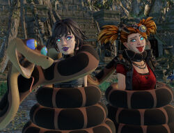  3d absurdres asphyxiation black_hair borderlands_(series) clothed coils complex_background crossover dazed disney earrings femsub gaige_(borderlands) happy_trance hypno_ninja hypnotic_eyes jungle kaa kaa_eyes lipstick makeup maledom mole open_mouth orange_hair purple_lipstick restrained snake the_jungle_book tongue tongue_out vex_(borderlands) 