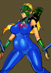 artemis blonde_hair bodysuit breast_expansion breasts corruption dc_comics empty_eyes femsub large_breasts latex long_hair ponytail super_hero tentacles young_justice zxc