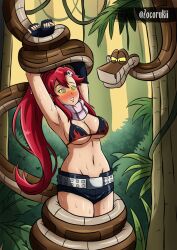  arms_above_head black_eyes blush breasts coils disney femsub fingerless_gloves gloves gurren_lagann hypnotic_eyes jungle kaa kaa_eyes long_hair maledom midriff navel outdoors red_hair restrained smile snake sweat tagme the_jungle_book thighs yellow_sclera yoko_littner zocorukii 