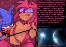 amy_rose blush breasts caption erect_nipples femdom furry glowing glowing_eyes hedgehog_girl hypnotic_eyes malesub manip nipples soina sonic_the_hedgehog_(series) spiral_eyes symbol_in_eyes text tongue tongue_out topless underwear