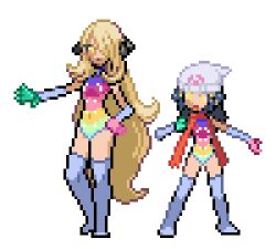  blonde_hair blue_hair clothed cynthia dawn female_only femsub gloves hair_covering_one_eye leggings leotard long_hair malamar_outfit multiple_girls multiple_subs nessthia nintendo opera_gloves pixel_art pokemon pokemon_diamond_pearl_and_platinum simple_background white_background yellow_eyes 