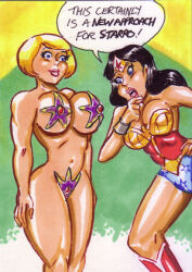 alien black_hair blonde_hair breasts dc_comics empty_eyes female_only femsub happy_trance joe_gravel large_breasts long_hair parasite power_girl short_hair standing standing_at_attention starro super_hero superman_(series) text traditional western wonder_woman