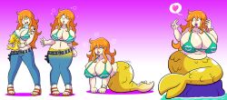 absurdres before_and_after bikini bimbofication bottomless breast_expansion breasts cleavage empty_eyes female_only femsub fish_girl happy_trance huge_breasts large_ass large_breasts lipstick long_hair mermaid nami_(one_piece) one_piece open_mouth prinnydood sequence transformation