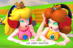 3d blonde_hair breasts crown female_only femsub happy_trance headphones hypnotic_accessory jewelry large_breasts multiple_girls nintendo open_mouth princess princess_daisy princess_peach source_filmmaker super_mario_bros. supercasket tech_control text