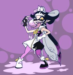  boots callie_(splatoon) female_only femsub happy_trance inkling long_tongue looking_at_viewer lordebonfuze mole nintendo open_mouth pearl_(splatoon) possession purple_background slime smile splatoon splatoon_2 standing tentacles tongue tongue_out transformation twintails wink yellow_eyes 