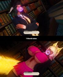  3d au_ra bimbofication black_hair blonde_hair breast_expansion bubble_gum dialogue elysiumelyse femsub final_fantasy final_fantasy_xiv fox_ears fox_tail green_eyes happy_trance horns pink_eyes scales suit tie unaware 