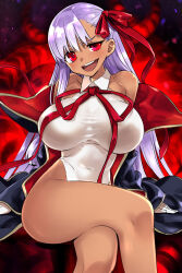 774_(nanashi) alternate_color_scheme alternate_costume bare_legs bare_shoulders bb_(fate/extra_ccc) blush breasts corruption crossed_legs dark_skin eldritch evil_smile fate/extra_ccc fate/grand_order fate_(series) femsub gloves glowing happy_trance large_breasts leotard long_hair looking_at_viewer nyarlathotep open_mouth possession purple_hair red_eyes sitting smile swimsuit tentacles