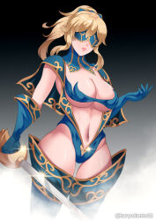 blonde_hair breasts cape cleavage corruption enemy_conversion expressionless eye_mask female_only femsub genshin_impact gloves hadant hair_ribbon huge_breasts jean_gunnhildr navel ponytail shoulder_pads signature solo sword thick_thighs thighs underboob watermark weapon