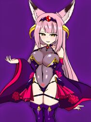  animal_ears arm_warmers azur_lane barefoot boots cleavage collar crotch_tattoo female_only femsub hanazuki_(azur_lane) headdress heavy_eyelids horns infinitto kitsune_girl large_breasts leotard long_hair looking_at_viewer pink_hair purple_hair rubber see-through simple_background skirt smile solo standing tattoo thigh_boots thighhighs yellow_eyes 