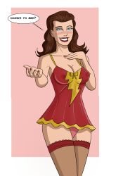 absurdres blue_eyes blush breasts brown_hair cleavage dc_comics dialogue erect_nipples femsub glowing glowing_eyes happy_trance large_breasts lingerie mary_marvel nipples panties polmanning smile super_hero text thighhighs underwear