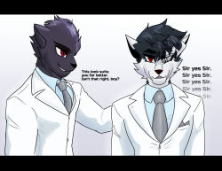  black_skin corporatification dialogue empty_eyes evil_smile expressionless eyebrows_visible_through_hair furry hair_covering_one_eye husky_boy kaijublue male_only maledom malesub mantra open_mouth panther_boy red_eyes shirt simple_background smile smug suit text tie uniform white_background 