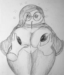  breast_grab breasts disney drool elizantfan glasses greyscale groping holding_breasts inside_out large_breasts large_hips nipples pussy ring_eyes sadness_(inside_out) shirt_lift sweater traditional 