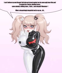  blonde_hair blush bodysuit breasts dangan_ronpa dangan_ronpa_trigger_happy_havoc dialogue drool eyelashes female_only femsub grey_eyes hair_ornament instant_loss junko_enoshima large_breasts latex leaning_forward monowl23 resisting smile solo text twintails 