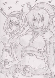 banshou breasts empty_eyes expressionless femsub greyscale kantai_collection large_breasts long_hair monochrome multiple_girls mutsu_(kantai_collection) nagato_(kantai_collection) open_mouth personification short_hair sketch standing standing_at_attention traditional translation_request