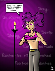  absurdres expressionless felliciah_(da-entranced) female_only femsub flame hypnotic_fire long_hair mantra midriff open_mouth original purple_eyes purple_hair rembrandt_jones shirt_lift solo spiral text undressing undressing_command 