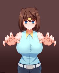 blue_eyes brown_hair control_indicator empty_eyes expressionless female_only femsub large_breasts magic short_hair simple_background solo tea_gardner yakai yu-gi-oh! zombie_walk