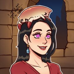 absurdres ai_art black_hair chibi clothed earrings english_text female_only femsub half-life headcrab lipstick mrchypno_(generator) parasite purple_eyes simple_background spiral_eyes symbol_in_eyes text wholesome