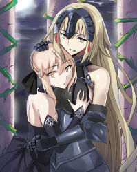  armor blonde_hair breasts corruption crown fate/grand_order fate_(series) female_only femsub holding_breasts hug jeanne_d&#039;arc_(fate) jewelry large_breasts multiple_girls open_mouth ribbon saber saber_alter smile very_long_hair yellow_eyes 