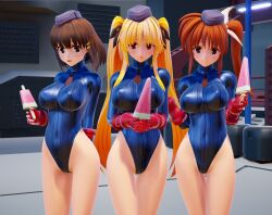 3d bangs blonde_hair brown_eyes brown_hair capcom cosplay fate_testarossa female_only femsub fingerless_gloves gloves hat hayate_yagami large_breasts leotard looking_at_viewer magical_girl_lyrical_nanoha mmd multiple_girls multiple_subs nanoha_takamachi popsicle ryona.rar shadaloo_dolls short_hair side_ponytail standing street_fighter tie twintails