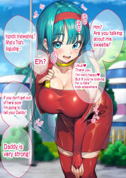  aware blue_eyes blue_hair breasts bulla_briefs clothed dialogue dragon_ball female_only hard_translated katsuyoshi4278 long_hair text translated 