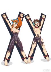absurdres ace_attorney ahegao armpits arms_above_head athena_cykes barefoot blue_eyes blush bottomless breasts brown_hair color dronification drool eye_roll female_only femsub headphones kandlin latex long_hair multiple_girls multiple_subs neckerchief nude null_bulge orange_hair resisting restrained ribbon saint_andrew's_cross scarf short_hair side_ponytail slime small_breasts spiral sweat tears tech_control topless trembling trucy_wright visor white_background
