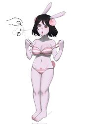  animal_ears barefoot bellamy_(nyandoll) black_hair body_markings bra breasts bunny_ears bunny_girl cleavage coin dead_source expressionless feet femsub furry heart horns large_breasts mayhem navel open_mouth original panties pendulum phantom_hand short_hair simple_background spiral_eyes standing standing_at_attention symbol_in_eyes tail underwear undressing white_background 