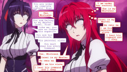  akeno_himejima black_hair dialogue femdom femsub high_school_dxd hypnotized_hypnotist large_breasts long_hair maledom manip multiple_subs open_mouth red_hair rias_gremory soumises_(manipper) text thought_bubble whitewash_eyes 