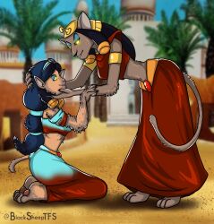  aladdin_(series) blacksheeptfs cat_girl corruption disney feet femdom femsub glowing_eyes happy_trance kneeling mirage_(aladdin) princess princess_jasmine tail transformation twinning 