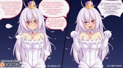 blush booette breasts cleavage crown empty_eyes expressionless female_only femsub gloves jewelry large_breasts long_hair monster_girl new_super_mario_bros._u_deluxe nintendo open_mouth princess red_eyes smile super_crown super_mario_bros. text white_hair yakai