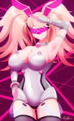 absurdres blonde_hair breasts bunny_ears bunny_girl bunnysuit cleavage dangan_ronpa fake_animal_ears female_only femsub gloves hand_on_hip happy_trance heart junko_enoshima large_breasts long_hair neolink077 saluting smile solo spiral_eyes standing symbol_in_eyes tech_control thighhighs twintails visor
