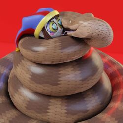  3d animated animated_eyes_only brown_hair coils disney femsub hat itsybitsystories jester kaa kaa_eyes maledom pomni red_background simple_background smile snake the_amazing_digital_circus the_jungle_book tongue tongue_out video white_skin 
