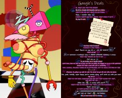  bondage breasts futanari gangle_(the_amazing_digital_circus) nipples penis pussy qiller ribbon ribbon_bondage story tcross_(manipper) text the_amazing_digital_circus unaware zooble 