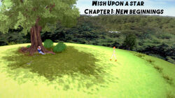  3d ash_ketchum aware closed_eyes clothed cover english_text horokeu misty nintendo orange_hair outdoors pokemon pokemon_(anime) short_hair text trees 