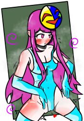  blush breasts cleavage empty_eyes female_only femsub fire_emblem fire_emblem_engage gloves haigure heart illumina ivy_(fire_emblem) leotard mask nintendo opera_gloves purple_eyes purple_hair solo spiral symbol very_long_hair 