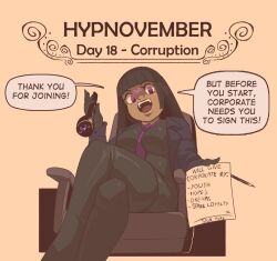 black_hair chair corporatification corruption english_text eyebrows_visible_through_hair femsub happy_trance hypnovember jacket mary_mavys_(pstash) pstash purple_eyes smile suit tattoo thighhighs tie