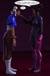  3d black_hair bodysuit boots breasts brown_hair capcom chin_hold chun-li clothed dazed dialogue double_hair_bun female_only femdom femsub hair_bun_covers hair_buns hypnotic_eyes juri_han large_breasts leaning_forward slouching street_fighter text theheckle tights 