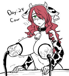arm_warmers bare_shoulders bell_collar belt blush collar drill_hair fake_animal_ears female_only femsub glowing_eyes green_eyes hair_covering_one_eye heart_eyes horns hucow huge_breasts hypnovember id_card long_hair majinsfw milk milking milking_machine mitsuru_kirijo navel nipples persona_(series) persona_3 red_hair simple_background solo sweat table white_background