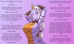accidental_hypnosis arms_above_head blush breasts caption dazed femsub glowing glowing_eyes horns hypnova_(manipper) large_breasts league_of_legends long_hair magic manip minieon_kiugi open_mouth pink_eyes simple_background soraka_(league_of_legends) standing text tongue white_hair