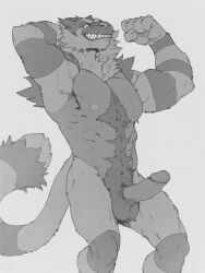 armpits bare_legs bottomless cat_boy erection flexing forge furry greyscale hypnotic_light incineroar male_only malesub monochrome muscle_boy nintendo nude penis pokemon posing pov pov_dom smile solo story tech_control tiger_boy topless