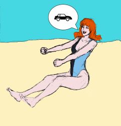  altered_perception awmbh beach female_only femsub happy_trance motor_mania one-piece_swimsuit orange_hair original red_eyes sitting solo swimsuit 