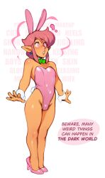 bare_legs bare_shoulders blush bow_tie bulge bunny_ears bunnysuit collar combos-n-doodles crossdressing dialogue earrings elf_ears english_text eye_color_change eyelashes eyeshadow femboy feminization hair_color_change high_heels leotard link male_only malesub nintendo open_mouth pink_eyes pink_hair sexuality_change solo speech_bubble spiral_eyes standing standing_at_attention straight_to_gay subliminal text the_legend_of_zelda white_background
