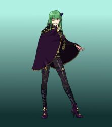  cape closed_eyes covering fire_emblem fire_emblem_echoes fire_emblem_mystery_of_the_emblem gold green_hair hair_ornament headband high_heels isobe_roll large_breasts long_hair nintendo open_mouth palla_(fire_emblem) shoulder_pads simple_background smile tagme thighhighs 