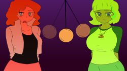 aokushan arms_behind_back bangs collarbone disney female_only freckles green_skin huge_breasts jacket jackie_lynn_thomas melissa_chase milo_murphy&#039;s_law necklace open_mouth orange_hair orange_skin pendulum platinum_blonde_hair shirt short_hair shorts simple_background spiral_eyes star_vs_the_forces_of_evil