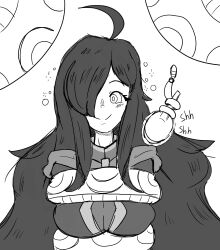 a_singular_fish ahoge clothed coils female_only femsub hair_covering_one_eye happy_trance hoodie kono_subarashii_sekai_ni_shukufuku_wo! large_breasts long_hair looking_at_viewer restrained ring_eyes simple_background smile solo white_background wiz_(konosuba)