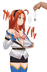  ahoge bow bra coin empty_eyes expressionless femsub green_eyes hair_band hinaichi_(the_vampire_dies_in_no_time) maledom open_clothes open_shirt pendulum red_hair sasar shorts small_breasts standing the_vampire_dies_in_no_time thighhighs underwear undressing uniform white_background 