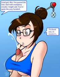 blush bold-n-brash breasts brown_hair cleavage clothed_paizuri cum dialogue erection expressionless femsub glasses hair_ornament hairpin hypnotic_eyes maledom manip mei_(overwatch) mrmaster00_(manipper) open_mouth orgasm overwatch paizuri penis ring_eyes sex simple_background single_hair_bun speech_bubble tank_top text underboob 